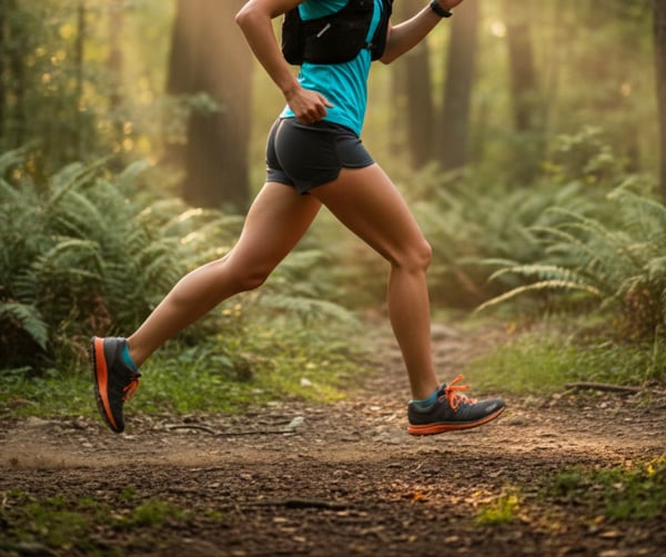 a jogger in nature with runner shoes in dark color running shoes and orange running shoe soles and laces, nature for running around it