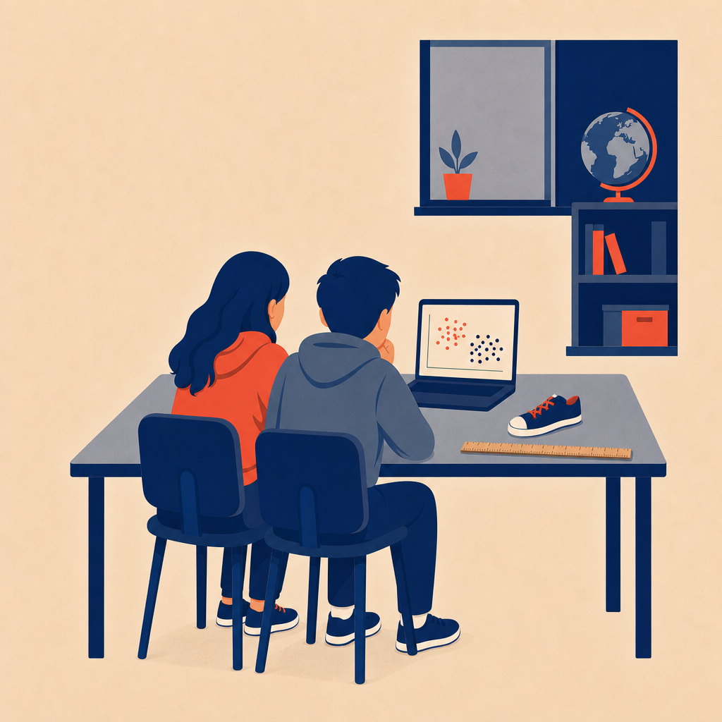 Two students studying a scatter plot of foot measurements on a laptop, with a sneaker and ruler on the desk
