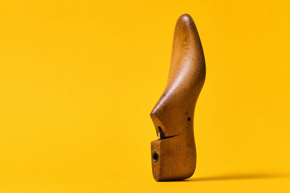 A wooden shoe last on a yellow background