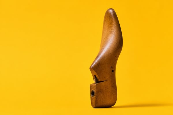 A wooden shoe last on a yellow background