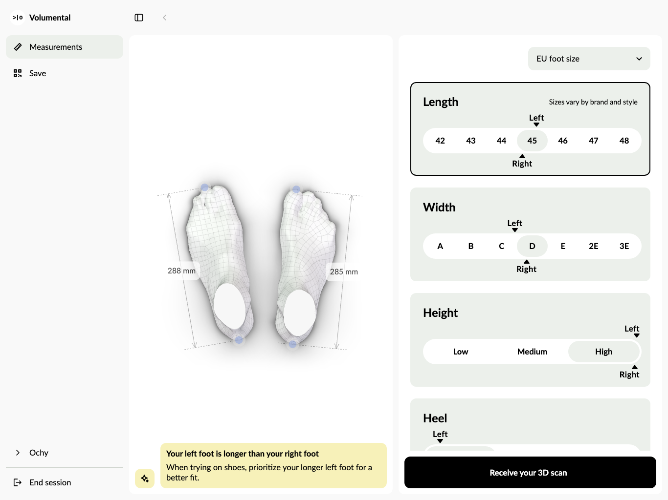 Volumental in-store app with Ochy gait analysis in the same fitting